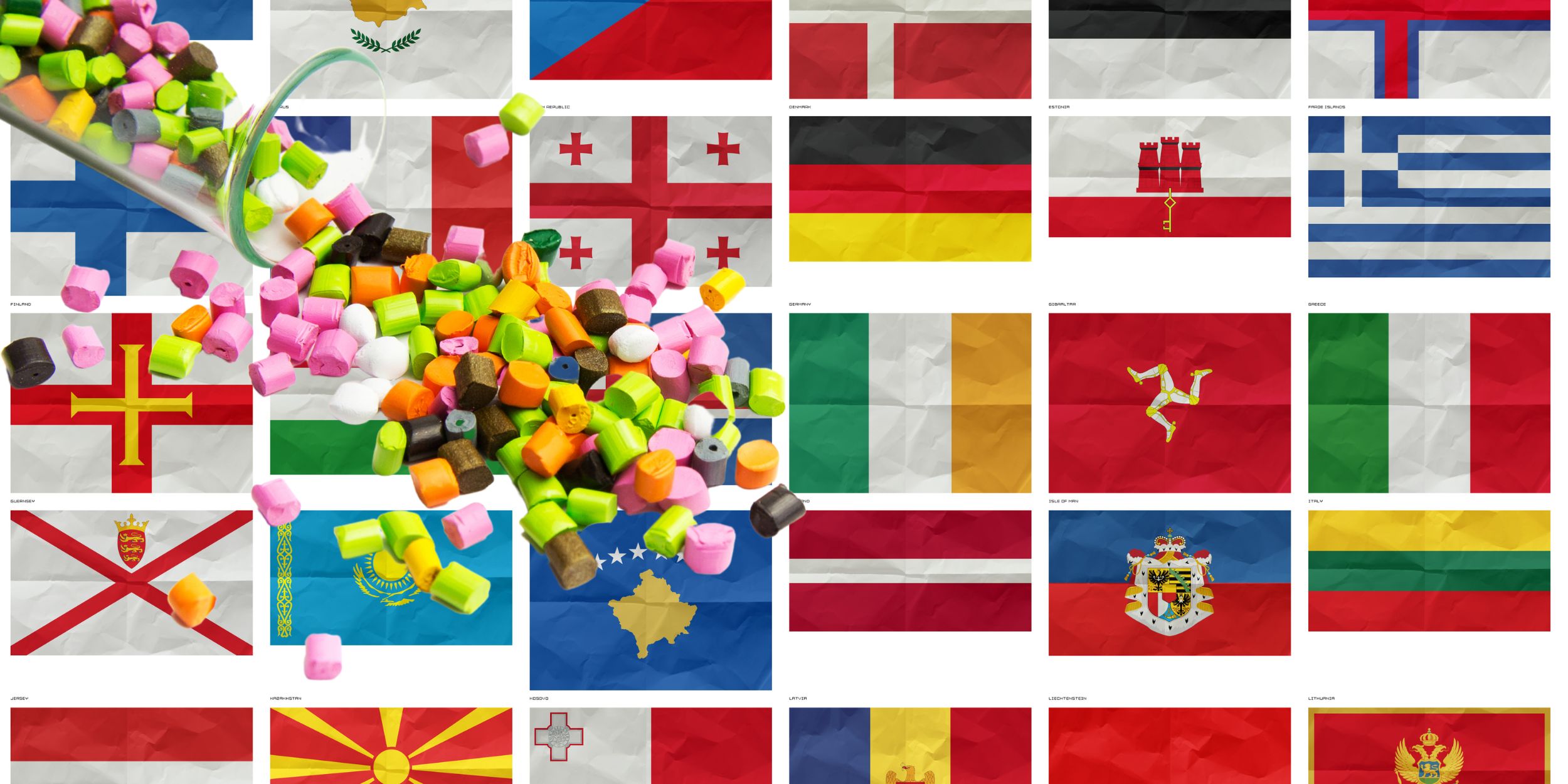 International Plastics Industry: All of the flags in the world combined underneath a spilled glass of plastics.